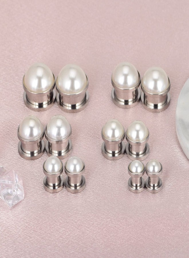 Qmcandy 2pcs Stainless Steel Pearl Ear Tunnels Double Flared Screw Plugs Piercing Gauges 00G, Silver - Image 3
